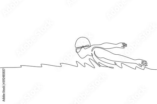 One continuous line drawing of young muscular professional swimmer focus swimming in sport center. Healthy sport fitness cardio exercise concept. Dynamic single line draw design vector illustration