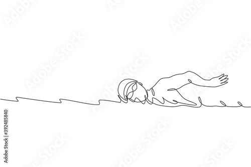 Single continuous line drawing of young happy professional swimmer man focus training in gym swimming pool center. Healthy lifestyle concept. Trendy one line draw graphic design vector illustration