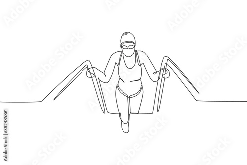 Single continuous line drawing of young happy professional swimmer woman out from water in gym swimming pool center. Healthy lifestyle concept. Trendy one line draw design vector graphic illustration