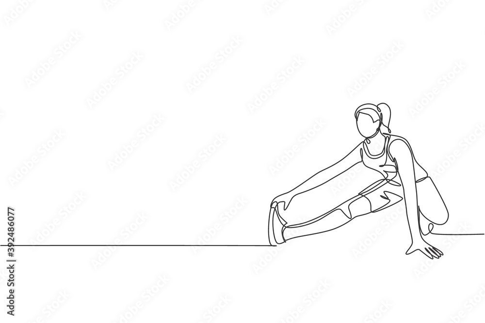 One continuous line drawing of young sporty woman working out stretching pull toes leg in fitness gym club center. Healthy fitness sport concept. Dynamic single line draw design vector illustration