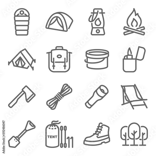 Camping icon illustration vector set. Contains such icon as Backpack, tent, travel, fire, boots, outdoor, sleeping bag and more. Expanded Stroke