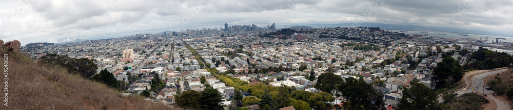 Cloudy San Francisco cityscape skyline.