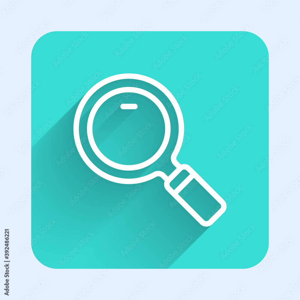 White line Magnifying glass icon isolated with long shadow. Search, focus, zoom, business symbol. Green square button. Vector. White line Magnifying glass icon isolated with long shadow. Search, focus, zoom, business symbol. Green square button. Vector.