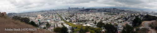 Cloudy San Francisco cityscape skyline.