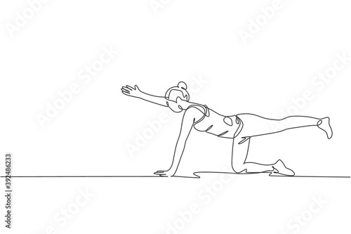 One continuous line drawing of young sporty woman working out pilates push up in fitness gym club center. Healthy fitness sport concept. Dynamic single line draw graphic design vector illustration photo