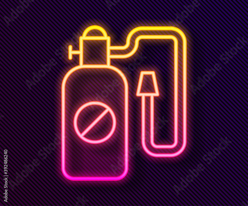 Glowing neon line Pressure sprayer for extermination of insects icon isolated on black background. Pest control service. Disinfectant sprayer. Vector.