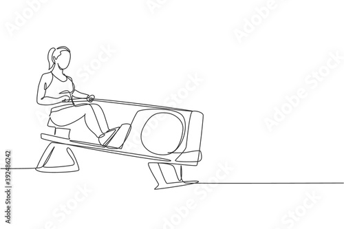 One continuous line drawing of young sporty woman working out with lying rowing press in fitness gym club center. Healthy fitness sport concept. Dynamic single line draw design vector illustration