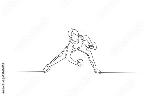 One single line drawing of young energetic woman exercise lifting dumbbells up and down in gym fitness center vector illustration. Healthy lifestyle sport concept. Modern continuous line draw design