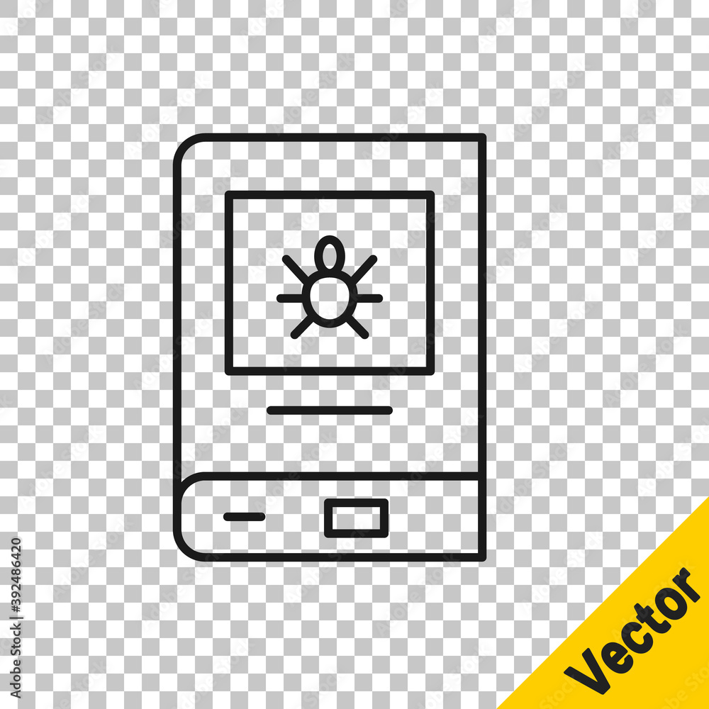Black line Book about insect icon isolated on transparent background. Vector. Black line Book about insect icon isolated on transparent background. Vector.
