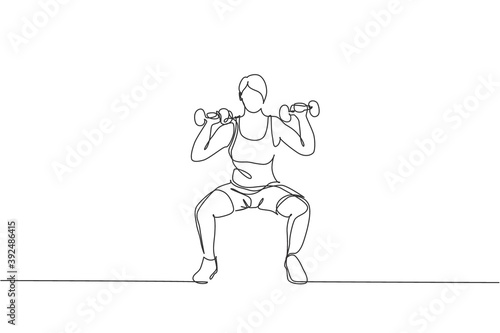 Single continuous line drawing of young sportive woman training lifting barbells in sport gymnasium club center. Fitness stretching concept. Trendy one line draw design vector graphic illustration