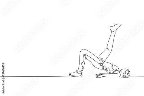 One single line drawing of young energetic woman exercise lying and raise her leg up high in gym fitness center vector illustration. Healthy lifestyle sport concept. Modern continuous line draw design