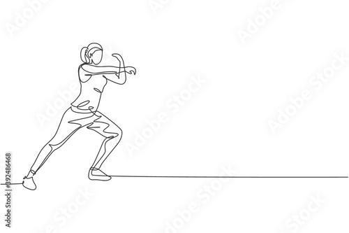 One continuous line drawing of young sporty woman work stretching out and warming up in fitness gym club center. Healthy fitness sport concept. Dynamic single line draw design vector illustration
