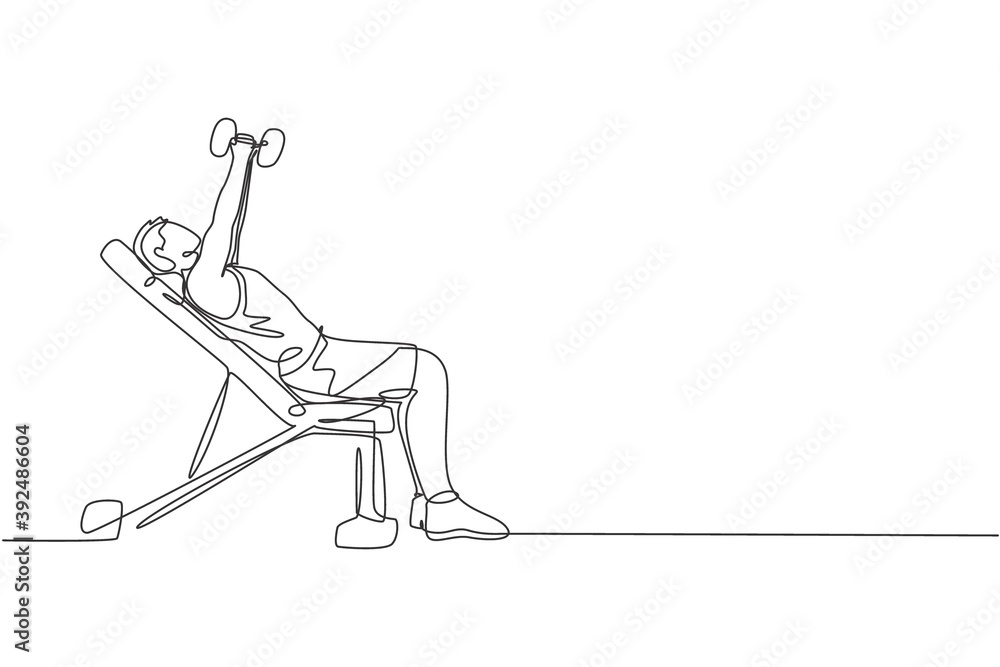 One single line drawing of young energetic man exercise with bench press in gym fitness center graphic vector illustration. Healthy lifestyle sport concept. Modern continuous line draw design One single line drawing of young energetic man exercise with bench press in gym fitness center graphic vector illustration. Healthy lifestyle sport concept. Modern continuous line draw design