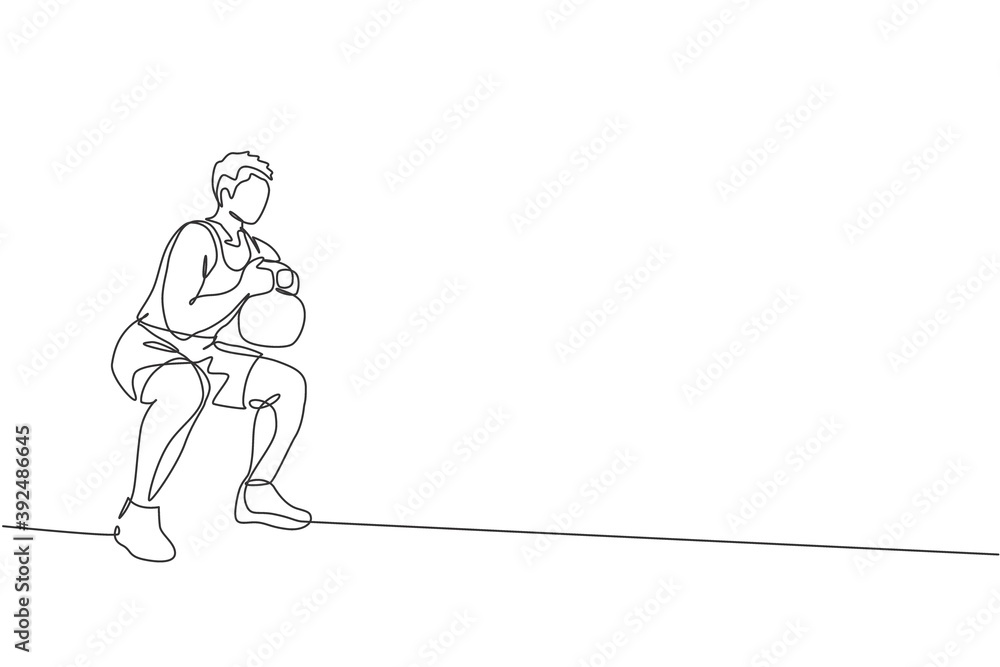 Single continuous line drawing of young sportive man training with kettlebell in sport gymnasium club center. Fitness stretching concept. Trendy one line draw design vector illustration graphic