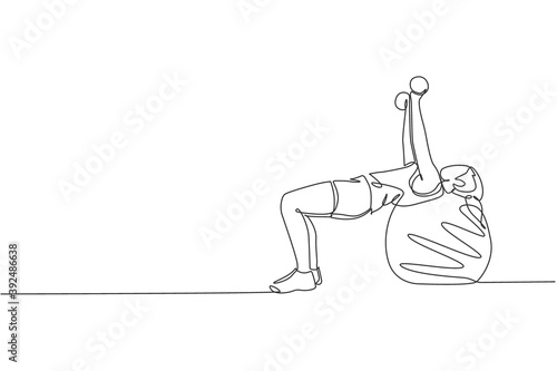 One single line drawing of young energetic woman exercise with fitness ball and dumbbell in gym fitness center vector illustration. Healthy lifestyle sport concept. Modern continuous line draw design