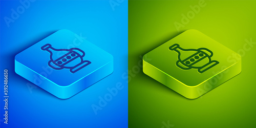 Isometric line Ancient amphorae icon isolated on blue and green background. Square button. Vector.
