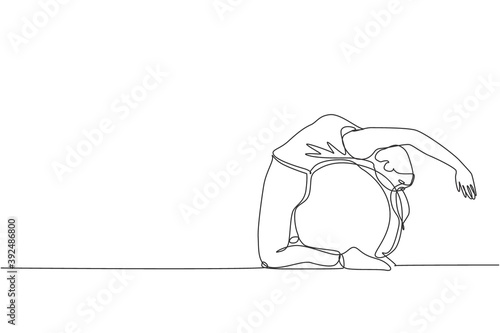 One single line drawing of young energetic woman exercise camel pose in gym fitness center vector graphic illustration. Healthy lifestyle sport concept. Modern continuous line draw design