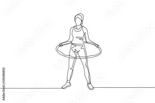 One single line drawing of young energetic woman fun exercise with hula hoop in gym fitness center graphic vector illustration. Healthy lifestyle sport concept. Modern continuous line draw design