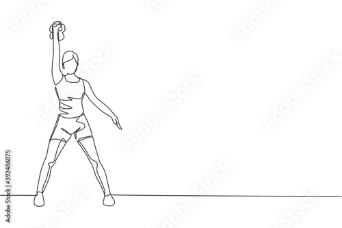 One single line drawing of young energetic woman exercise lifting kettlebell with hand in gym fitness center vector illustration. Healthy lifestyle sport concept. Modern continuous line draw design
