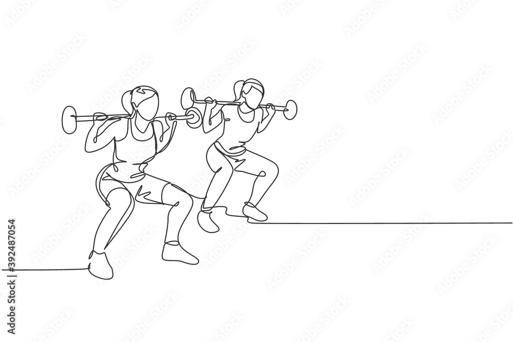 One continuous line drawing of two young sporty women working out lifting barbell with squat pose in fitness gym club center. Healthy fitness sport concept. Single line draw design vector illustration One continuous line drawing of two young sporty women working out lifting barbell with squat pose in fitness gym club center. Healthy fitness sport concept. Single line draw design vector illustration