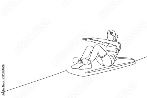 One single line drawing of young energetic woman exercise lying and sit up on mattress in gym fitness center vector illustration. Healthy lifestyle sport concept. Modern continuous line draw design