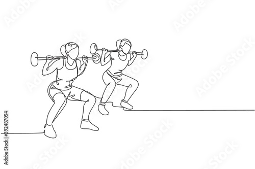 One continuous line drawing of two young sporty women working out lifting barbell with squat pose in fitness gym club center. Healthy fitness sport concept. Single line draw design vector illustration
