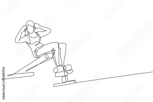 One single line drawing young energetic woman exercise sit up using bench press in gym fitness center vector illustration graphic. Healthy lifestyle sport concept. Modern continuous line draw design