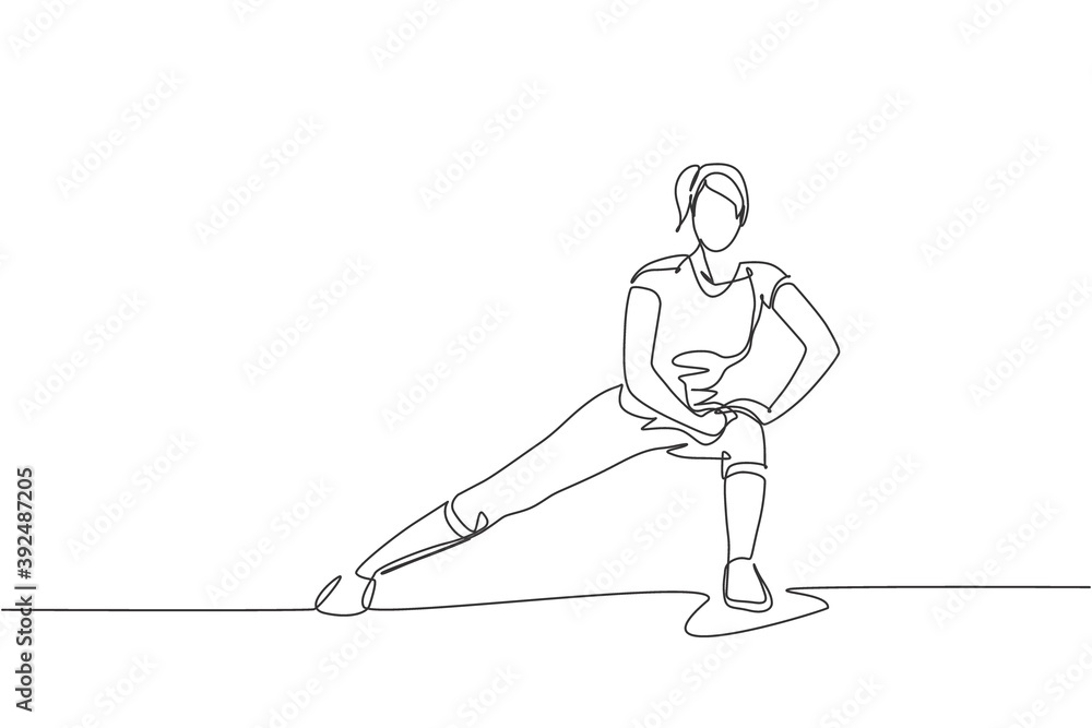 Fototapeta One single line drawing young energetic woman working out. Side lunge in gym vector illustration graphic. Fitness sport bodybuilding and healthy lifestyle concept. Modern continuous line draw design