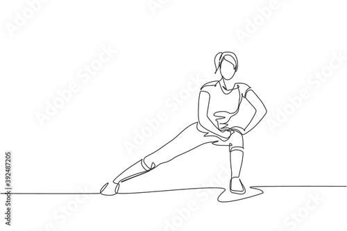 One single line drawing young energetic woman working out. Side lunge in gym vector illustration graphic. Fitness sport bodybuilding and healthy lifestyle concept. Modern continuous line draw design