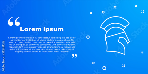 White line Greek helmet icon isolated on blue background. Antiques helmet for head protection soldiers with a crest of feathers or horsehair. Vector.