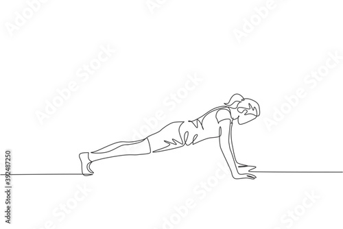 One continuous line drawing of young woman training doing push up in fitness training gym. Healthy sport lifestyle concept. Stretching and work out. Dynamic single line draw design vector illustration