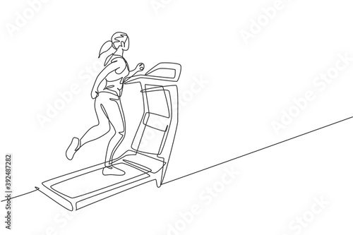 One single line drawing of young energetic woman working out in gym to strengthen body vector illustration. Fitness sport bodybuilding and healthy lifestyle concept. Modern continuous line draw design