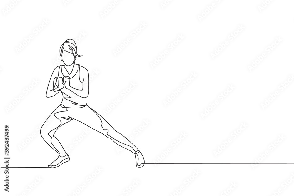 Obraz premium One continuous line drawing of young woman training doing side lunge in fitness training gym. Healthy sport lifestyle concept. Stretching work out. Dynamic single line draw design vector illustration