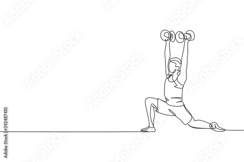One single line drawing young energetic man working out doing low lunge with dumbbell in gym vector illustration. Fitness sport bodybuilding and healthy lifestyle concept. Modern continuous line draw