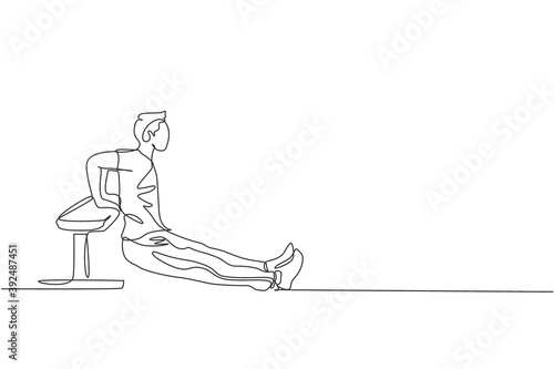 One continuous line drawing of young man training triceps dips in fitness training gym. Healthy sport lifestyle concept. Stretching and work out.  Dynamic single line draw design vector illustration