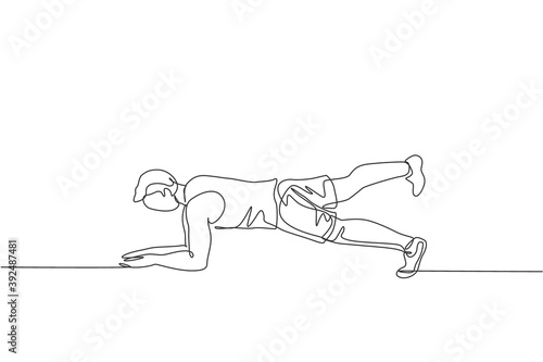 One single line drawing of young energetic man working out doing elbow plank in gym center vector illustration. Fitness sport bodybuilding healthy lifestyle concept. Modern continuous line draw design