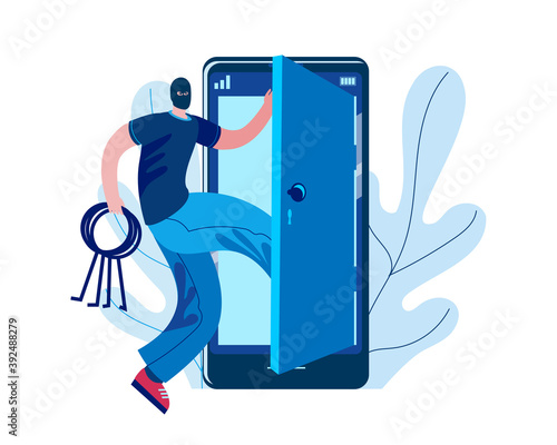 A hacker with lockpicks in his hands enters a hacked mobile phone. Vector illustration on the topic of cybercrime and cybersecurity.