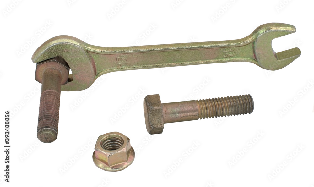 spanner with nut and bolt on white spanner with nut and bolt on white