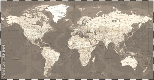 World Map - Vintage Retro Old Style - Vector Detailed Illustration - Beige Br...