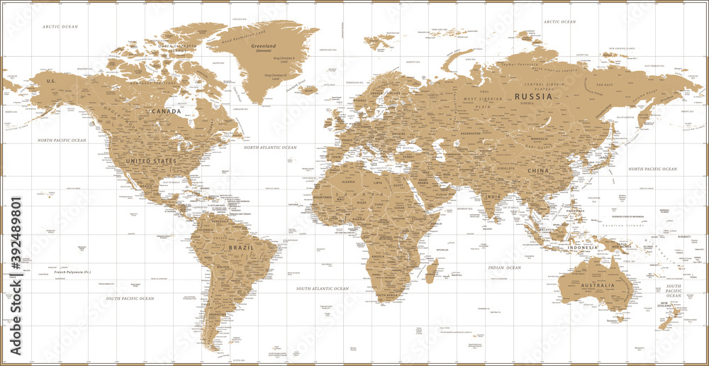 Naklejka World Map - Vintage Golden Political - Vector Detailed Illustration