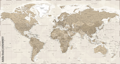 Foto World Map - Vintage Retro Old Style - Vector Detailed Illustration