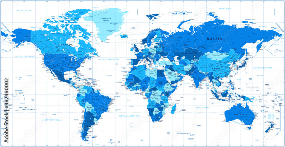 Obraz premium World Map - Political - Blue and White Color - Vector Detailed Illustration