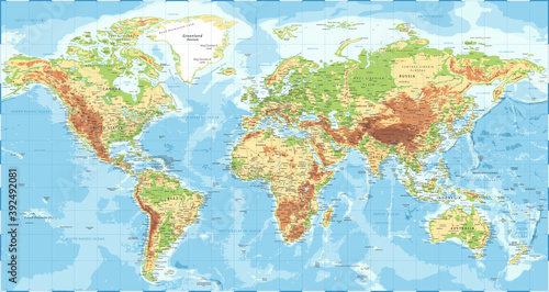 Fototapeta Naklejka Na Ścianę i Meble -  World Map - Physical Topographic - Vector Detailed Illustration