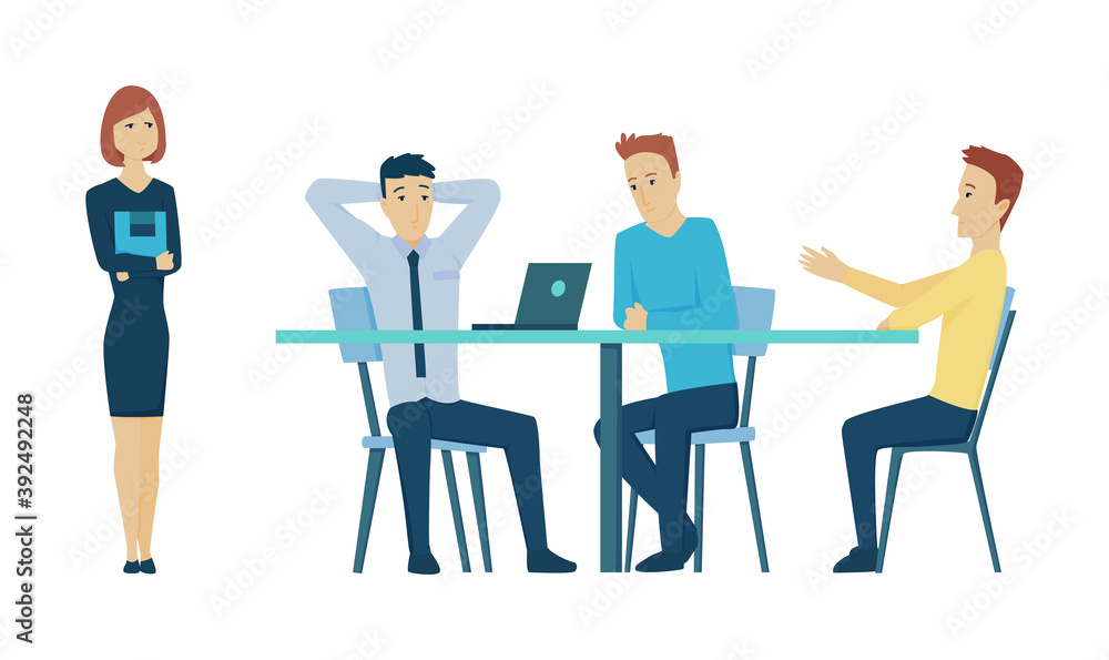 Office meeting. Teamwork at workplace. Business planning process. People talking and working at conference room. Vector cartoon interior. Discussion of the company business strategy
