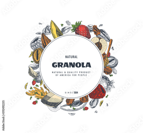 Granola packaging design template. Engraved style illustration. Various berries, fruits and nuts