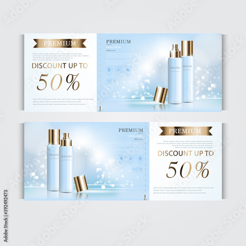 Gift voucher hydrating facial cream for annual sale or festival sale. silver and gold cream mask bottle isolated on glitter particles background. Banner graceful cosmetic ads, illustration.