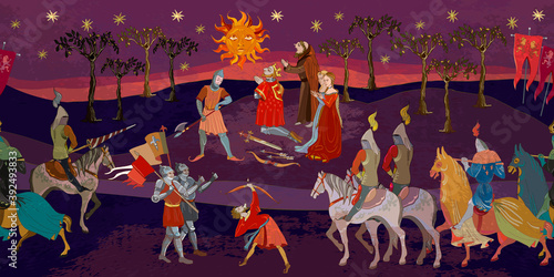 Medieval battle scene. Seamless pattern. Middle Ages, parchment concept. Historical miniature art. Knights and cavalry. Siege of the castle. Ancient book vector illustration