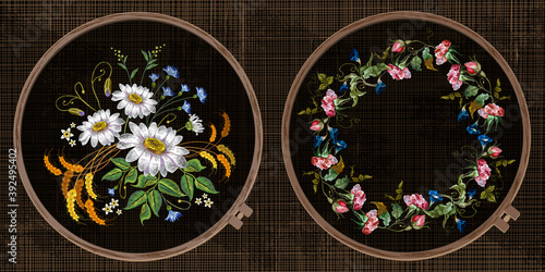Embroidery collection. Summer flowers. Template tambour frame with a canvas, elements from stitches. Art for clothes