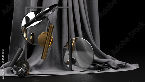 Geometric object Black with black and gold marble material and clear glass With a stand for product display grey cloth backdrop and black background 3d rendering