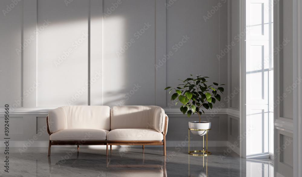 Classic empty interior apartment with sofa monstera plant. Classic empty interior apartment with sofa monstera plant.